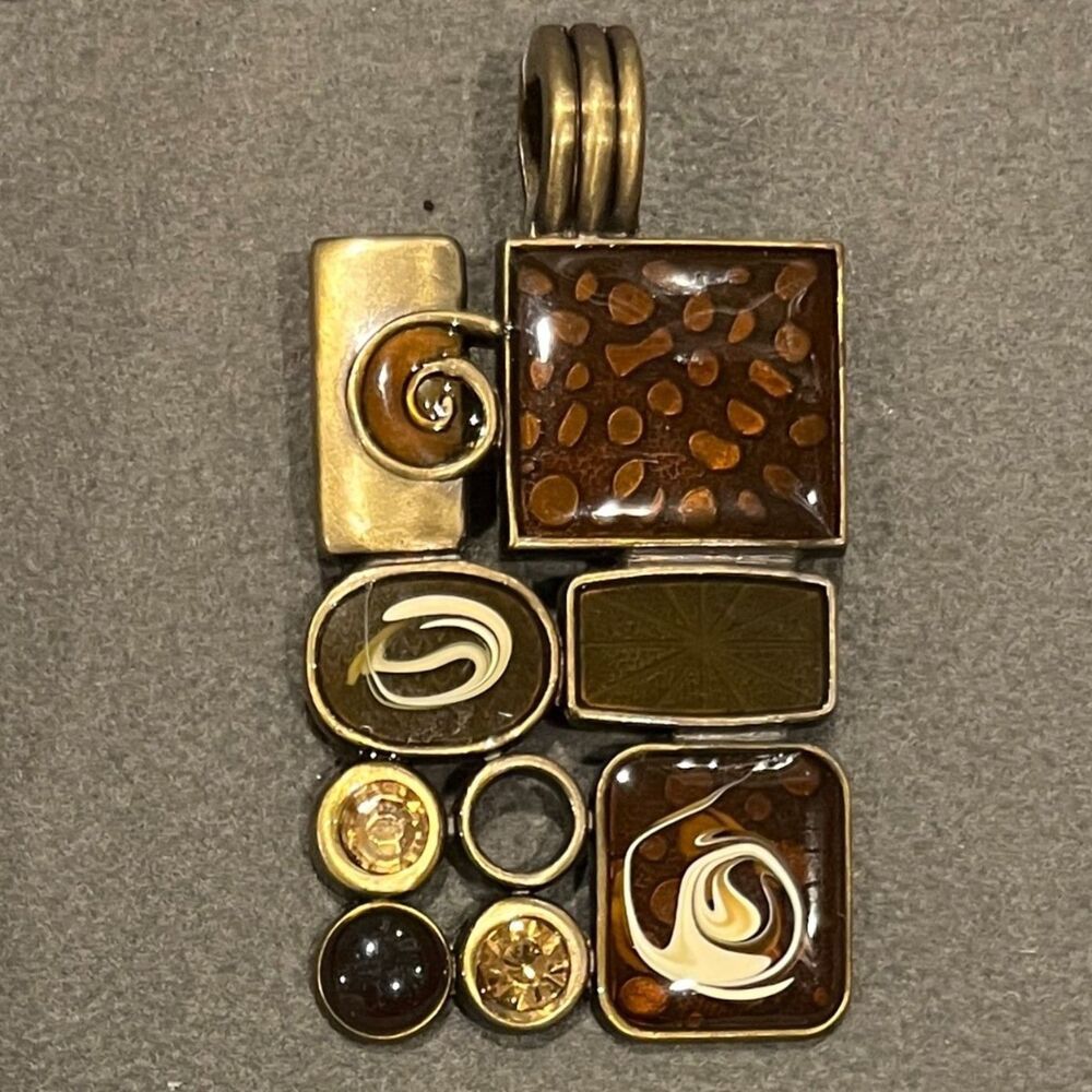 Premier Designs "Gallery" Enhancer Pendant Antique Brass Geometric BROWN & GOLD